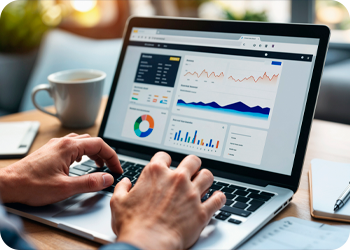 Foco na tela no notebook, com gráficos e dados